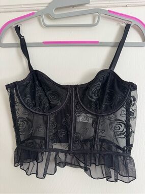 Sheer Black Floral Lace Longline Bralette Top - Unbranded